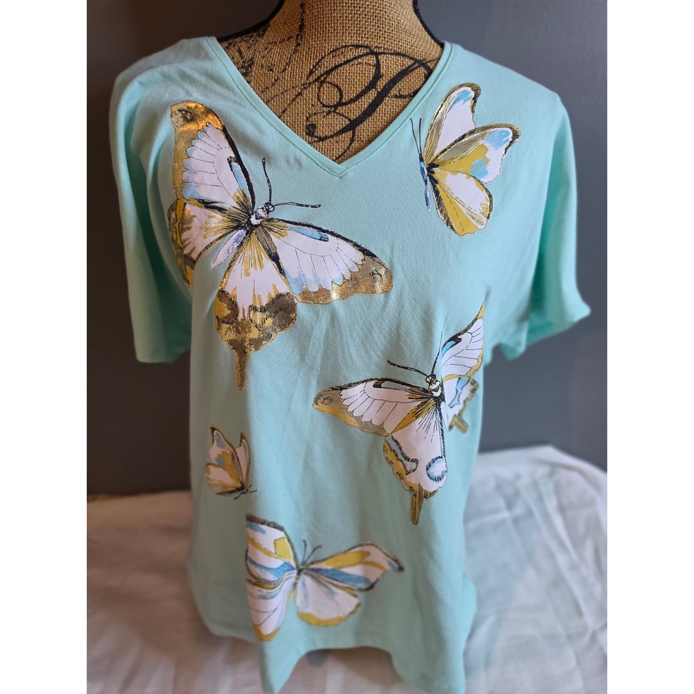 Chicos V-Neck Butterfly Graphic T-Shirt Aqua Blue Gold Foil Size 2 Large